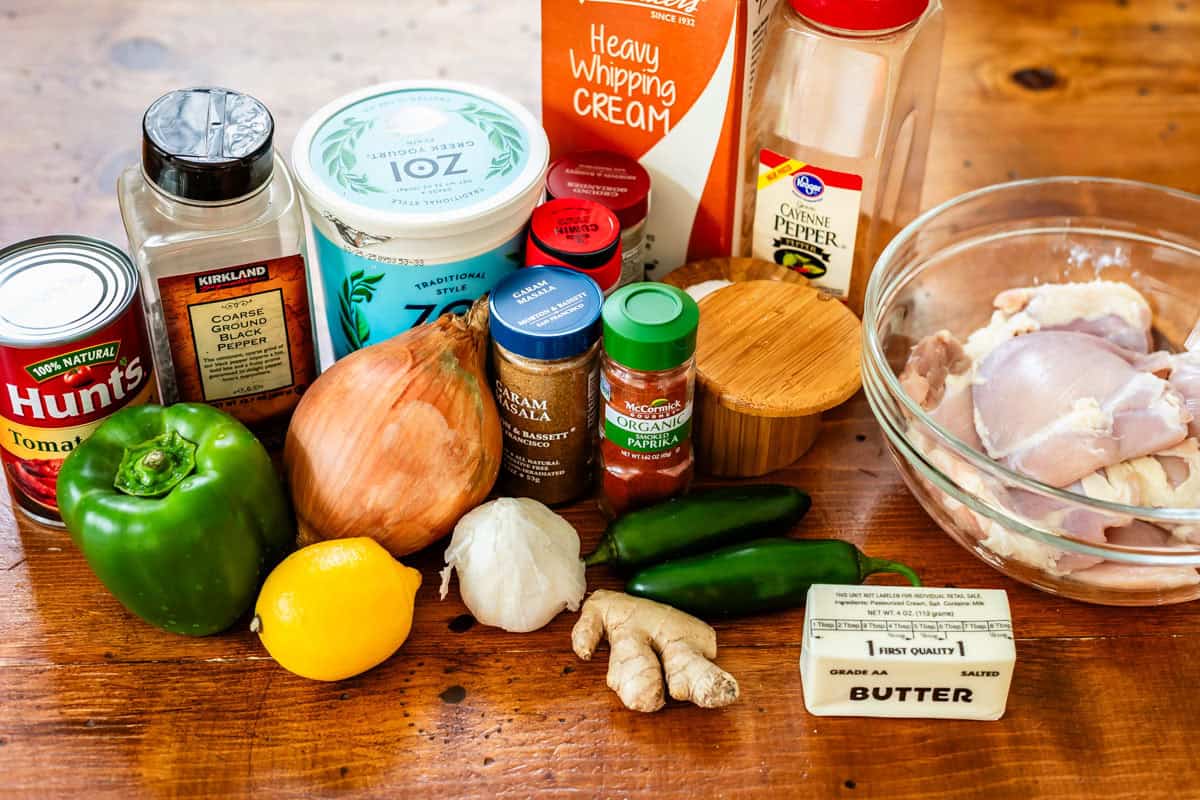 ingredients used for tikka masala like yogurt, veggies, and lots of spices.