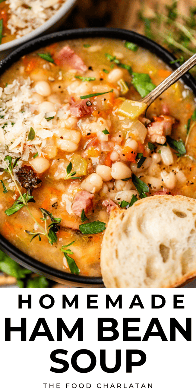 pinterest image of bowl of soup with text "homemade ham bean soup".