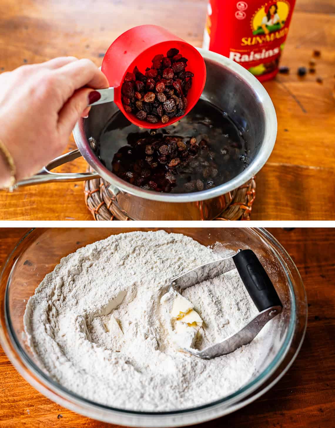 Prepping raisins and dried cherries to be plumped, and cutting butter into dry ingredients using pastry cutter.