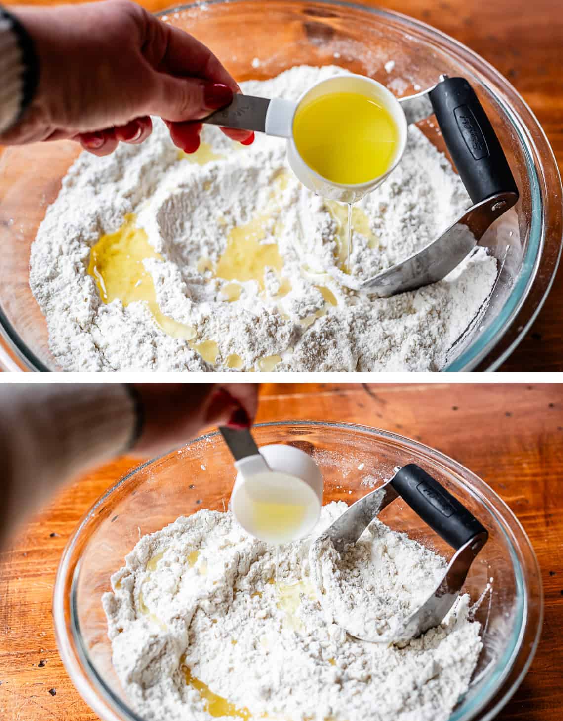 Drizzling olive oil in increments into flour mixture for Irish soda bread.