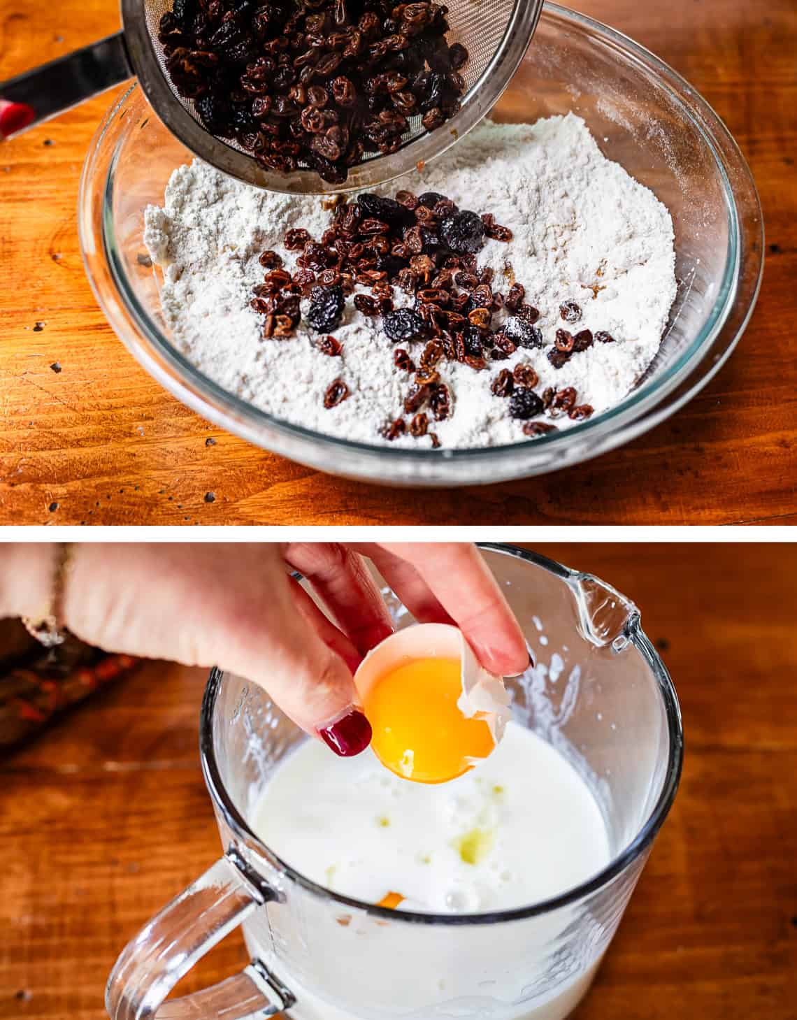 Pouring in plumped up raisins and cherries in dry ingredients and then adding eggs to wet ingredients.