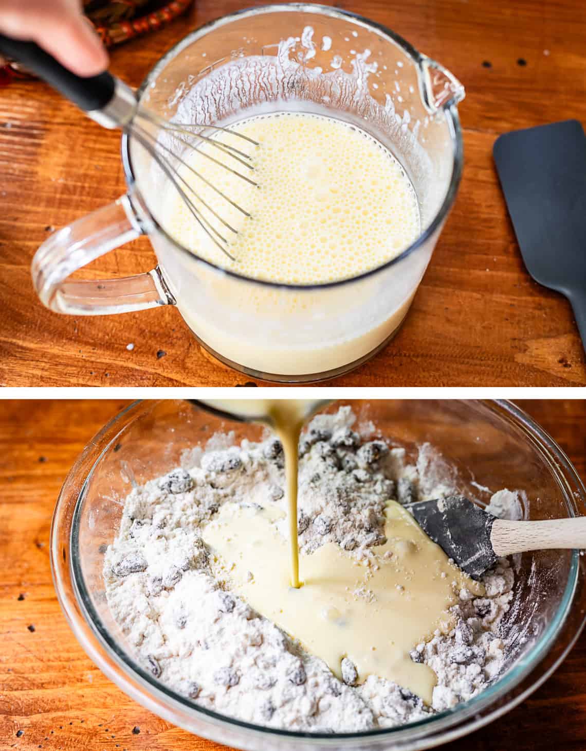 Mixing wet ingredients with dry ingredients, first being whisked in measuring cup then poured into try ingredients in glass bowl.