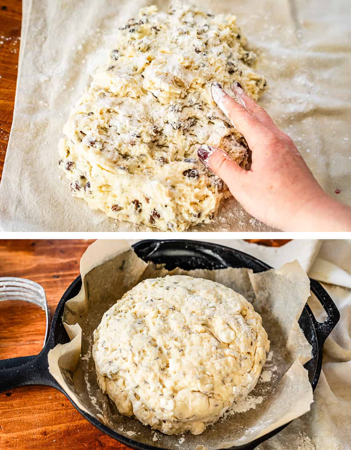 Prepping soda bread dough for the oven on parchment paper and in cast iron skillet.