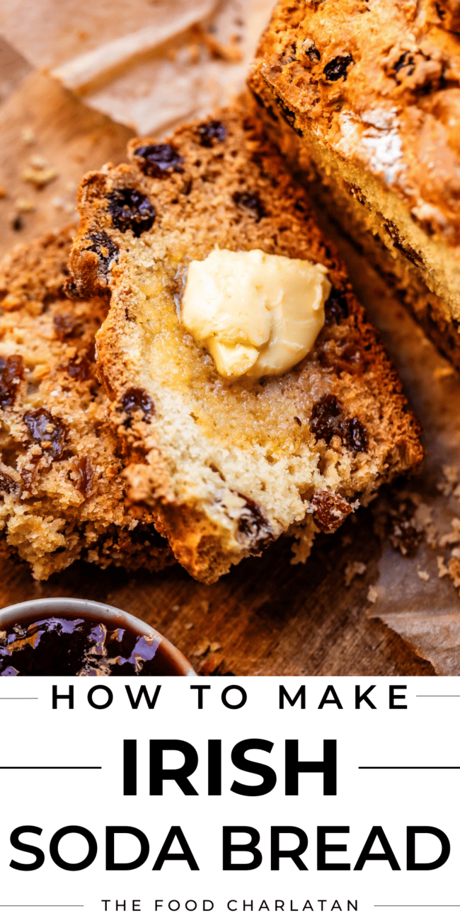 overhead shot of slice of raisin irish soda bread.