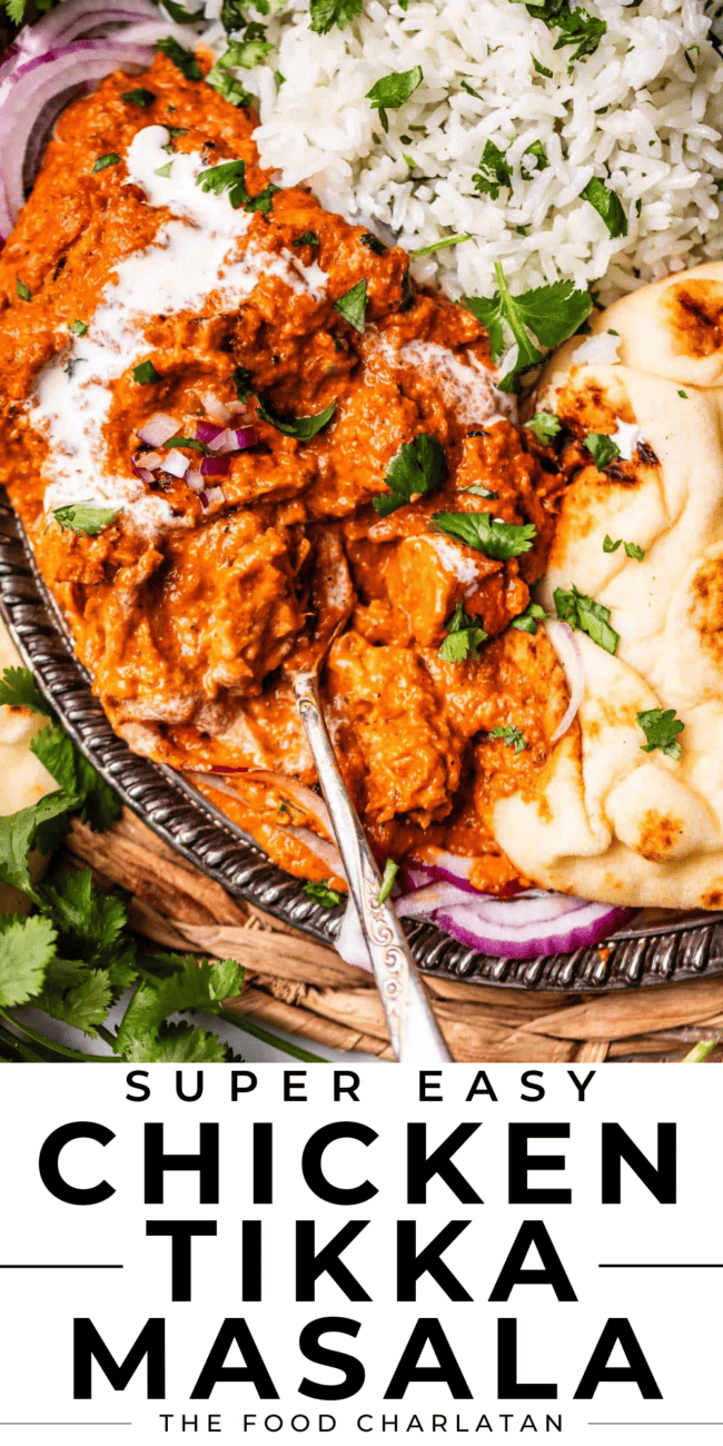 Pin image of chicken tikka masala shot from overhead with naan and rice.