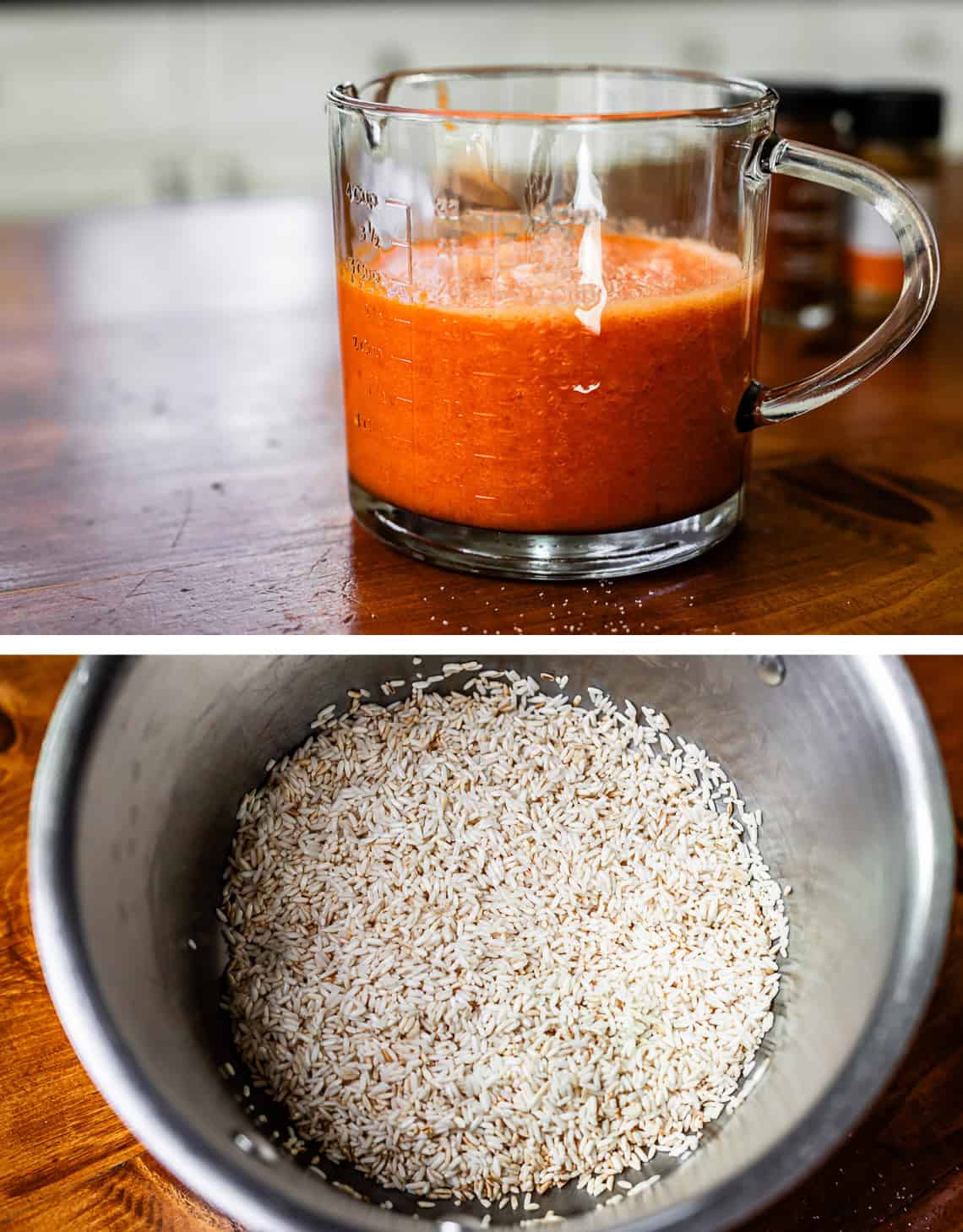 top: sauce in glass measuring cup, bottom, toasted rice in metal pot.
