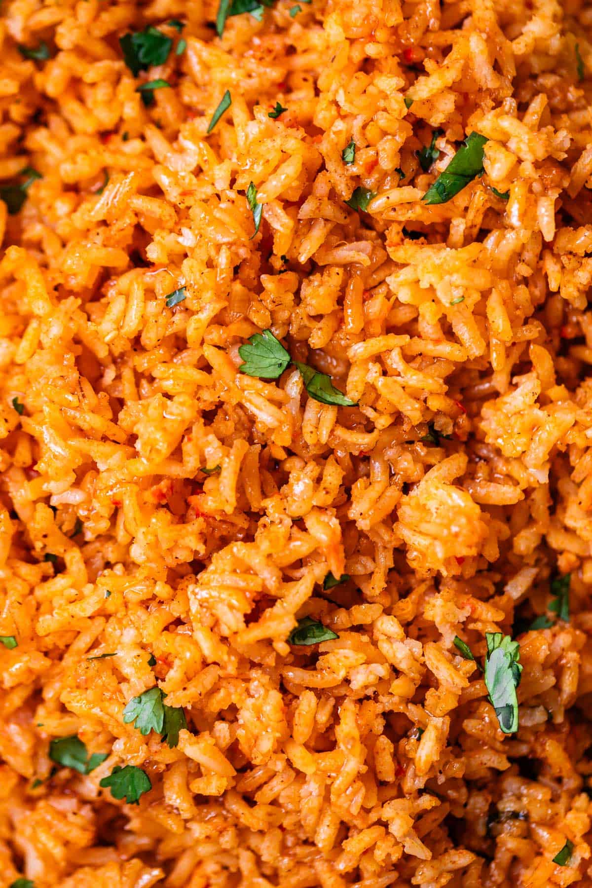 close up showing the detail of Mexican rice cooked in a super flavorful tomato sauce.