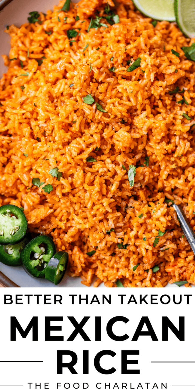 pinterest image of arroz rojo with text "better than takeout Mexican rice".