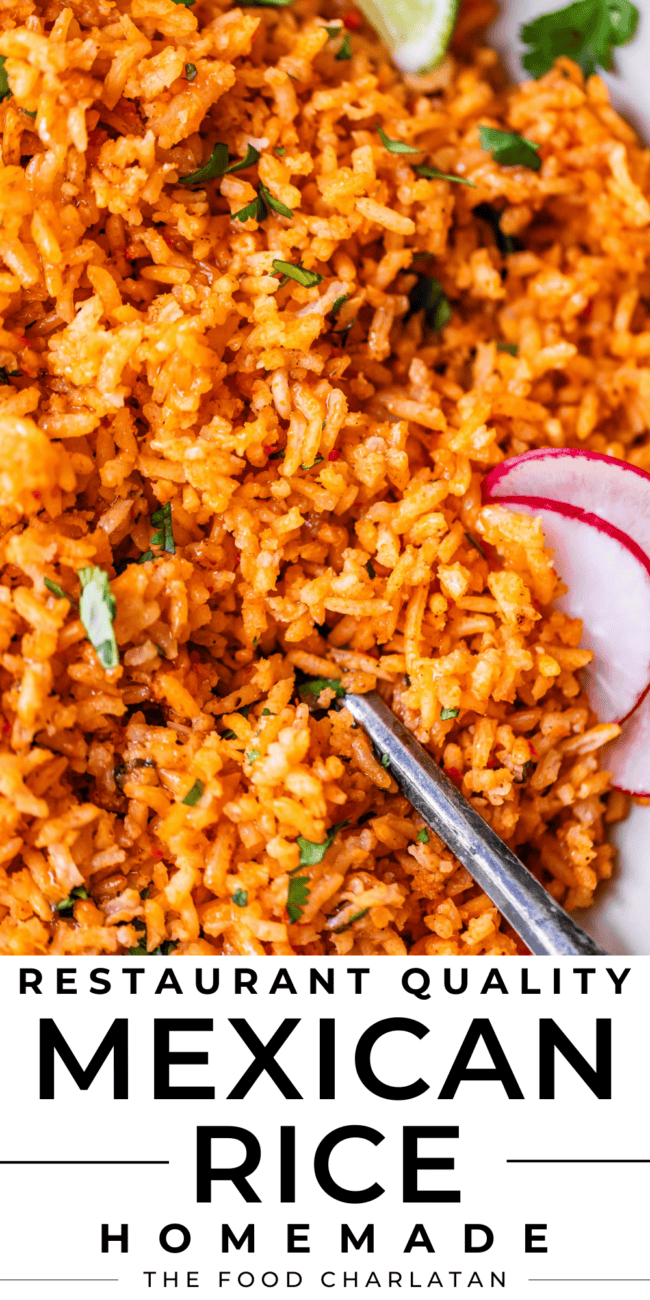 pinterest image of arroz rojo with text "restaurant quality Mexican rice homemade".