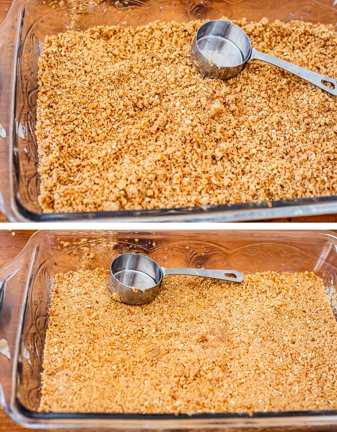 crushed pretzel mixture pressed into a glass pan with a metal measuring cup.