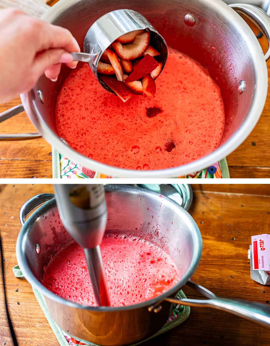 adding strawberries to a pot of jello, using an immersion blender to combine the strawberries with the liquid jello.