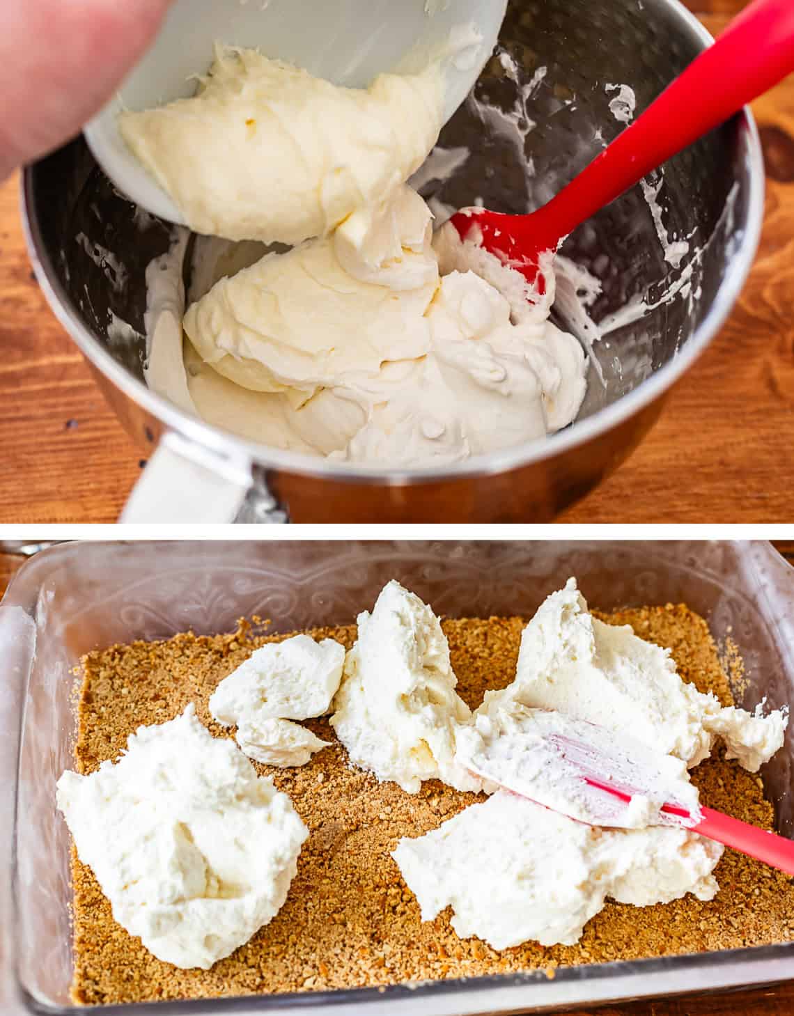 cream cheese whipped cream in a stand mixer, spreading it on pretzel crust in a glass pan.