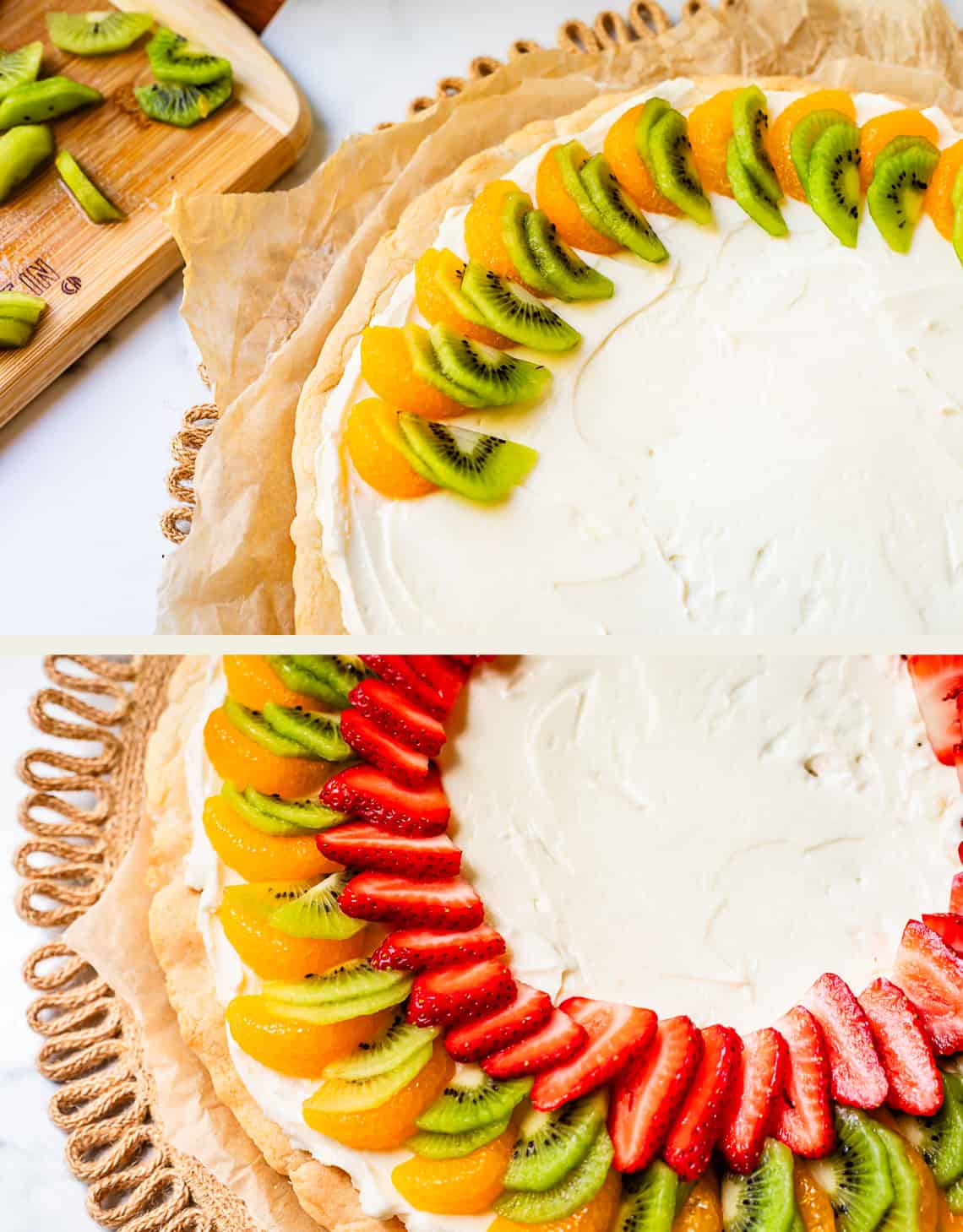 top: layering mandarin oranges and kiwi on top of frosting sugar cookie, bottom, adding strawberries.