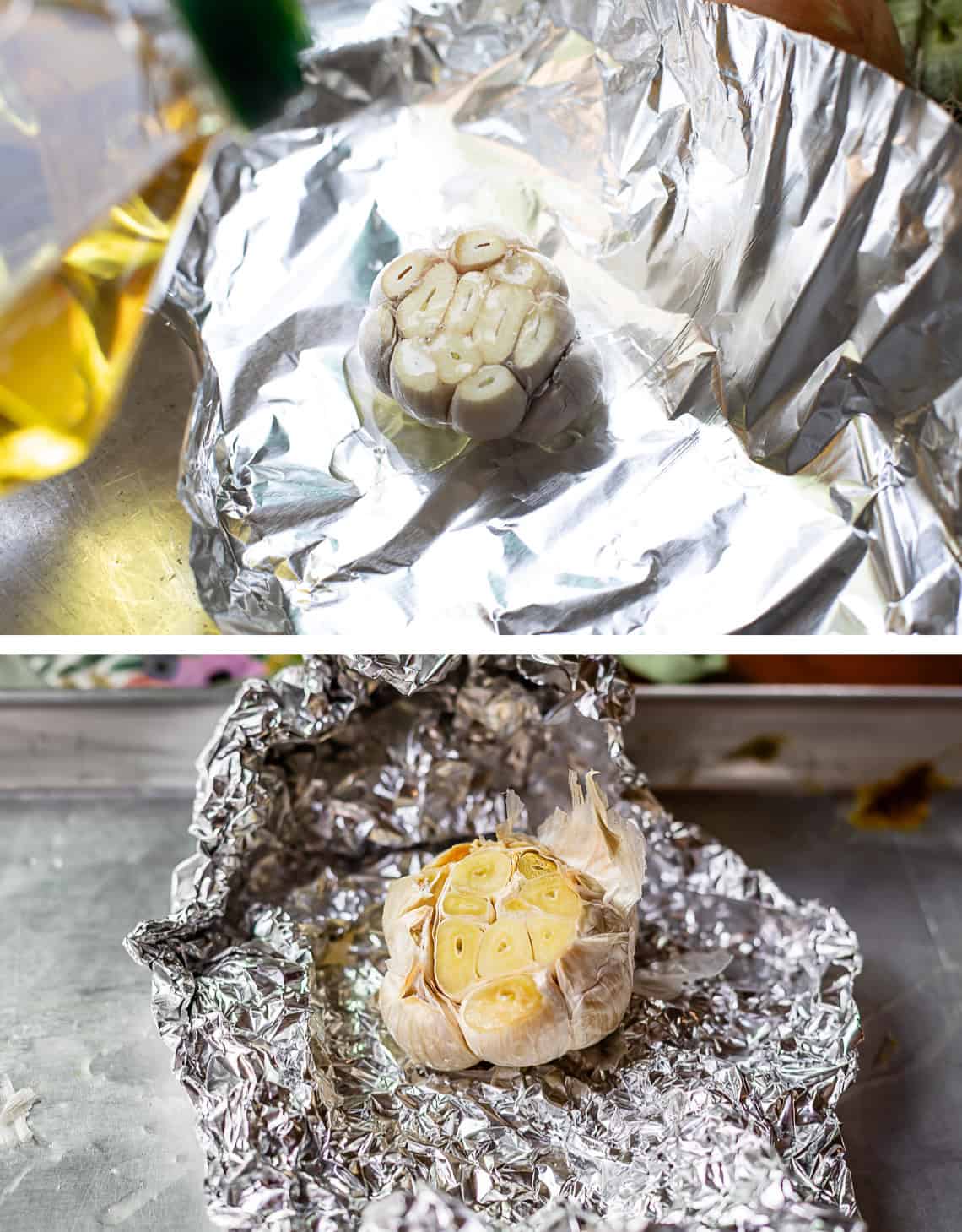 top: head of garlic on foil, bottom: unwrapped garlic that is now roasted.