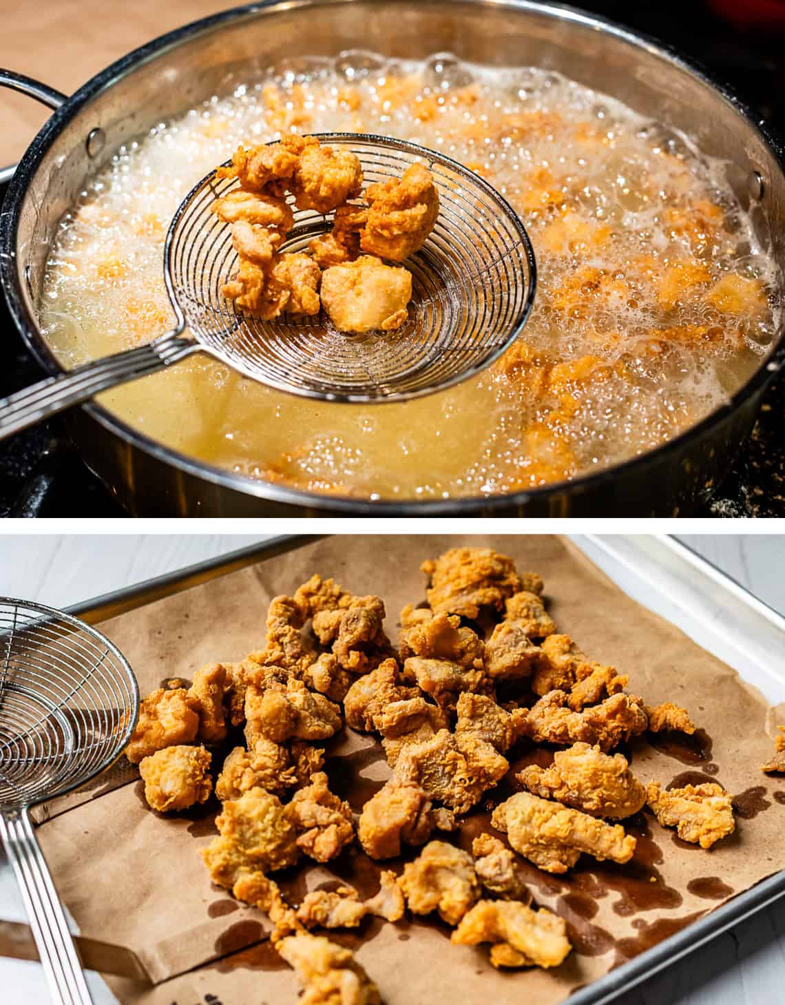 top: spider spatula removing chicken from skillet, bottom fried chicken draining on paper bag.
