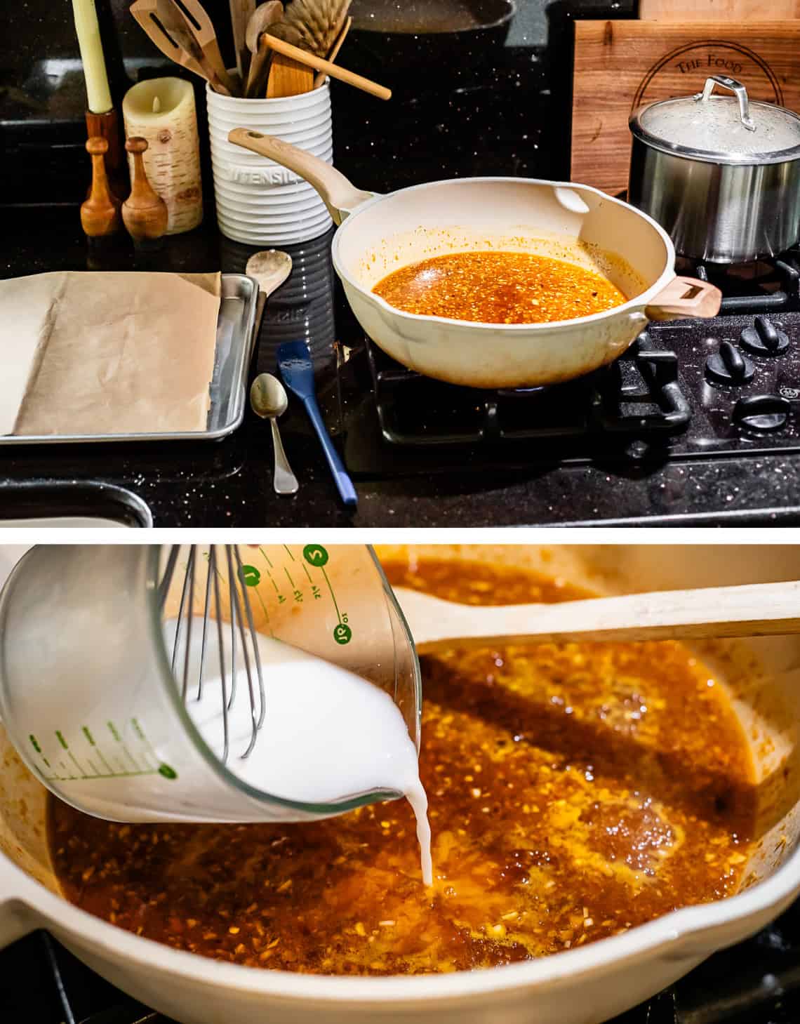 top: skillet on burner with sauce in it; bottom: adding cornstarch slurry to sauce.