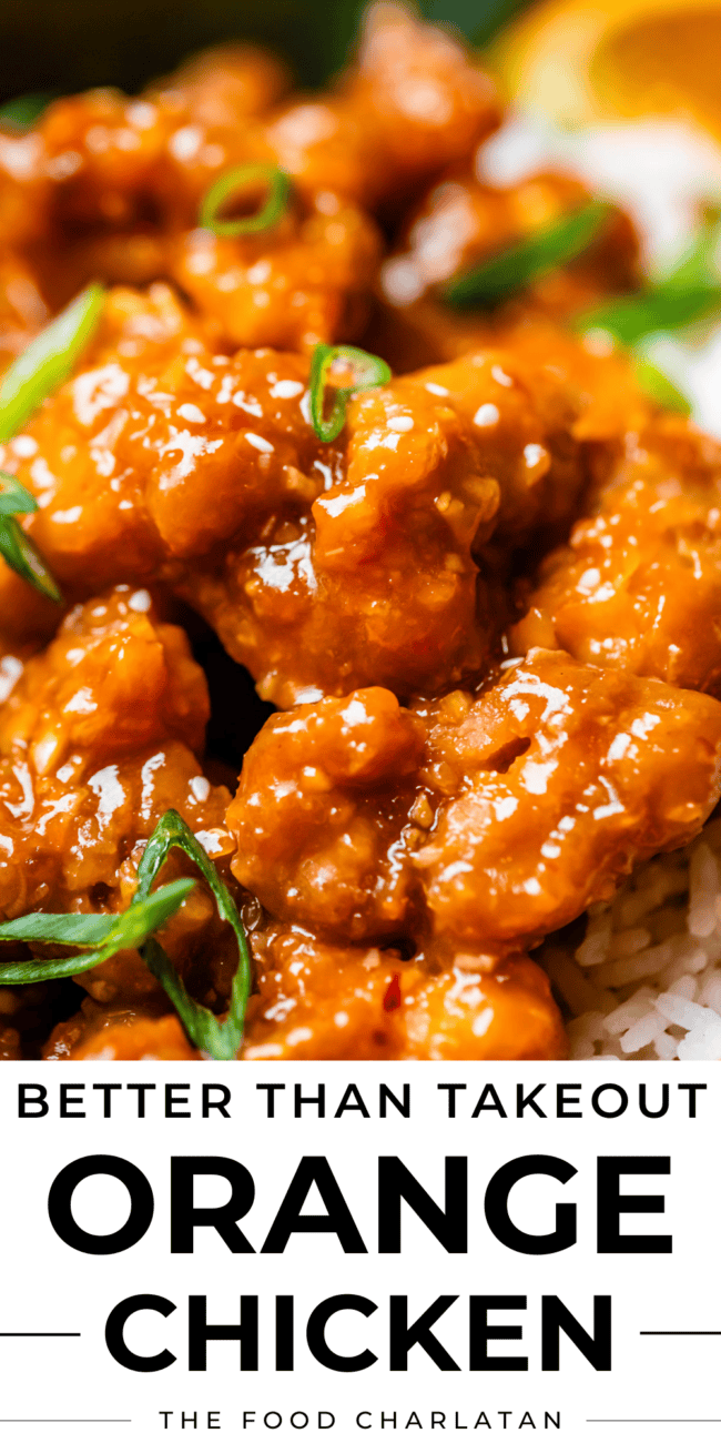 pinterest image of orange chicken and rice with text "better than takeout orange chicken".