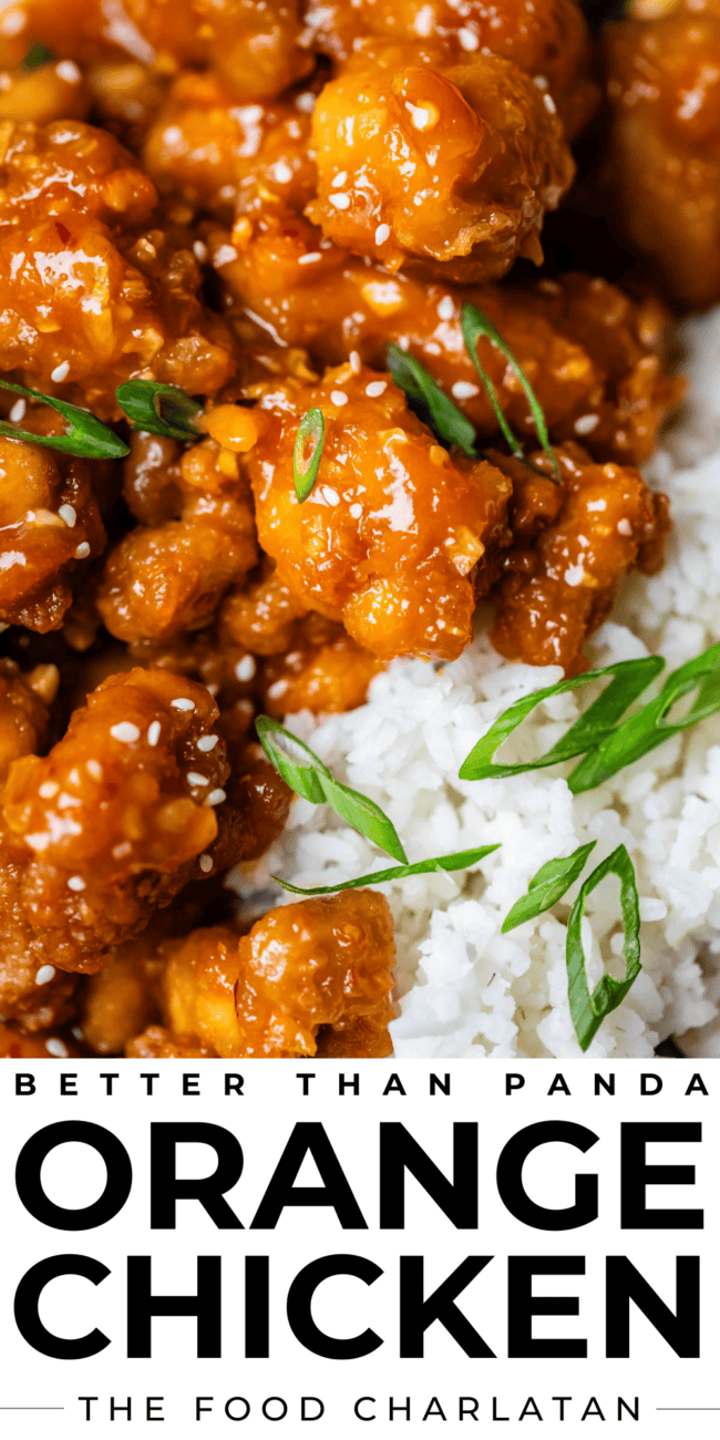pinterest image of orange chicken and rice with text "better than panda orange chicken".
