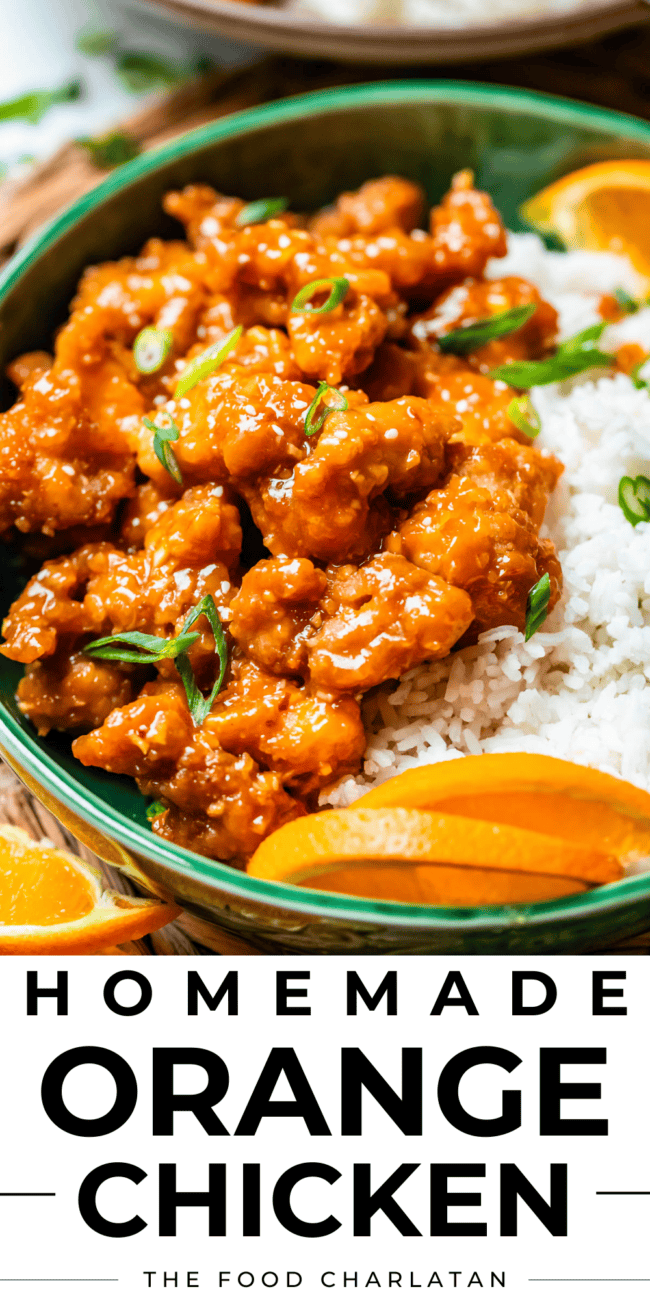 pinterest image of orange chicken and rice with text "homemade orange chicken".