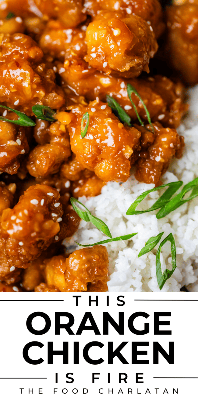 pinterest image of orange chicken and rice with text "this orange chicken is fire".