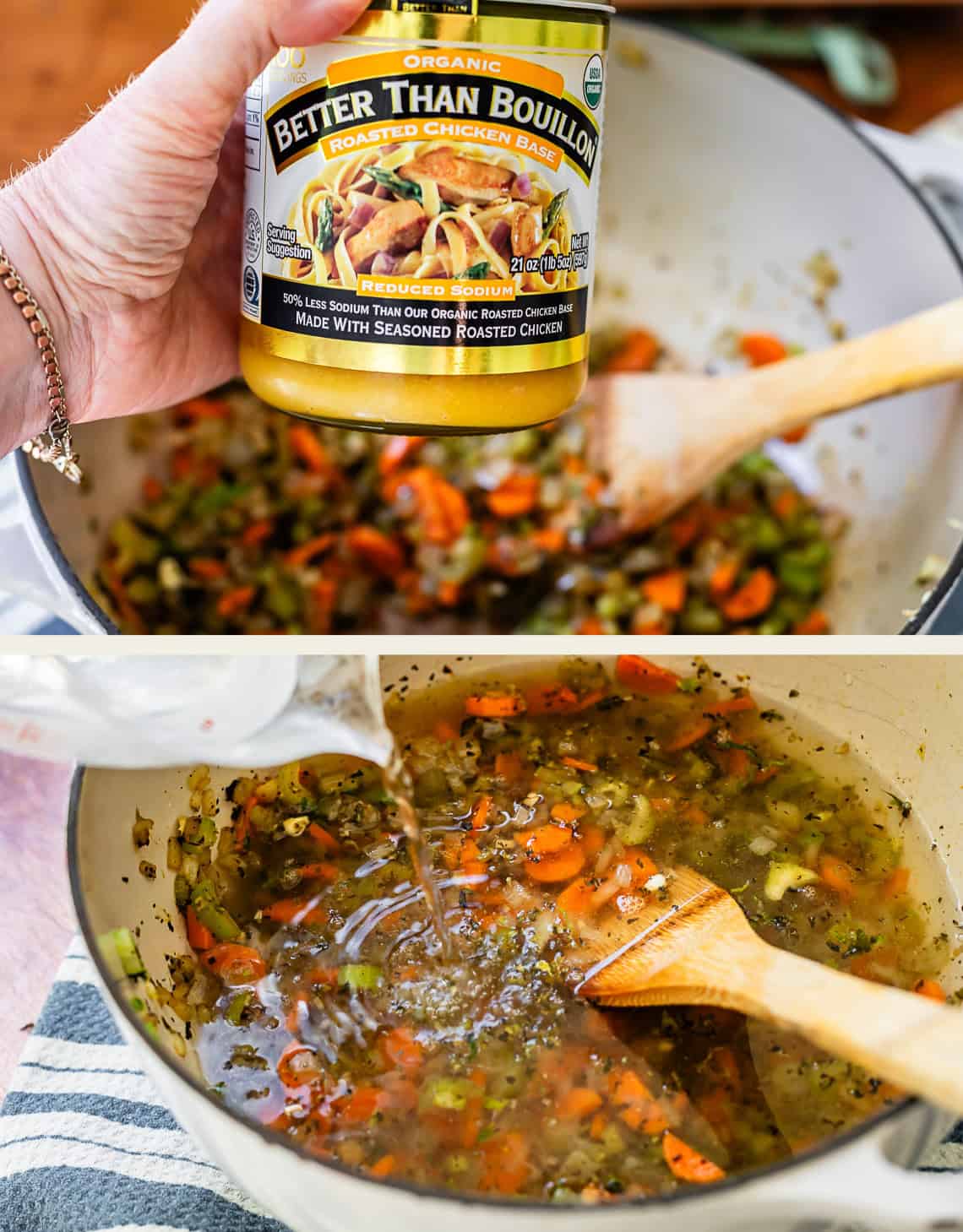 top: hand holding better than bouillon jar, bottom: adding water to vegetables in pot.