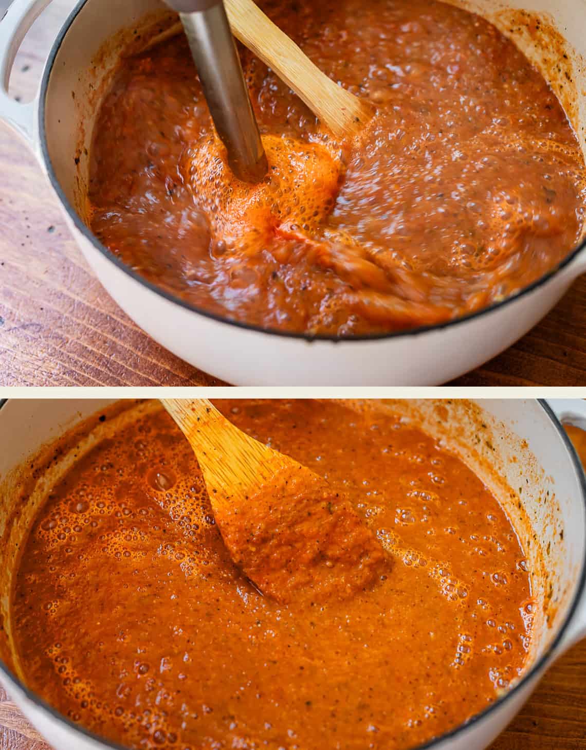 top: immersion blender running, bottom: wooden spoon stirring blended soup.