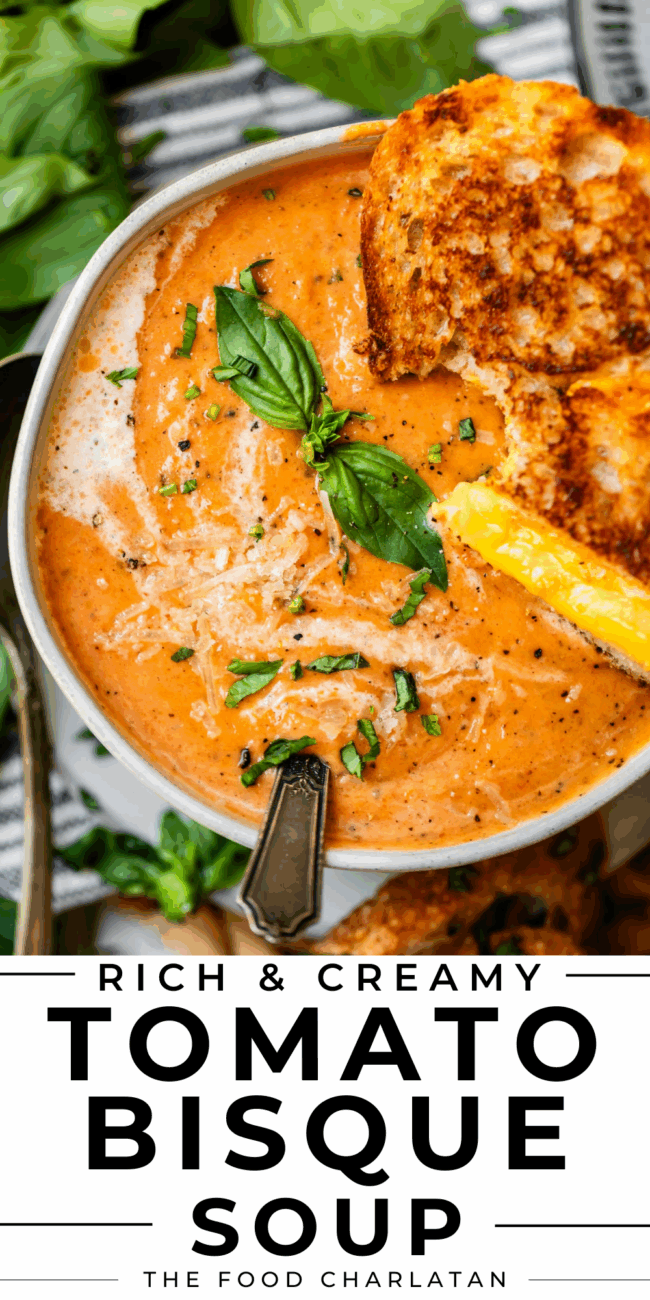 pinterest image of tomato soup with text "rich & creamy tomato bisque soup".