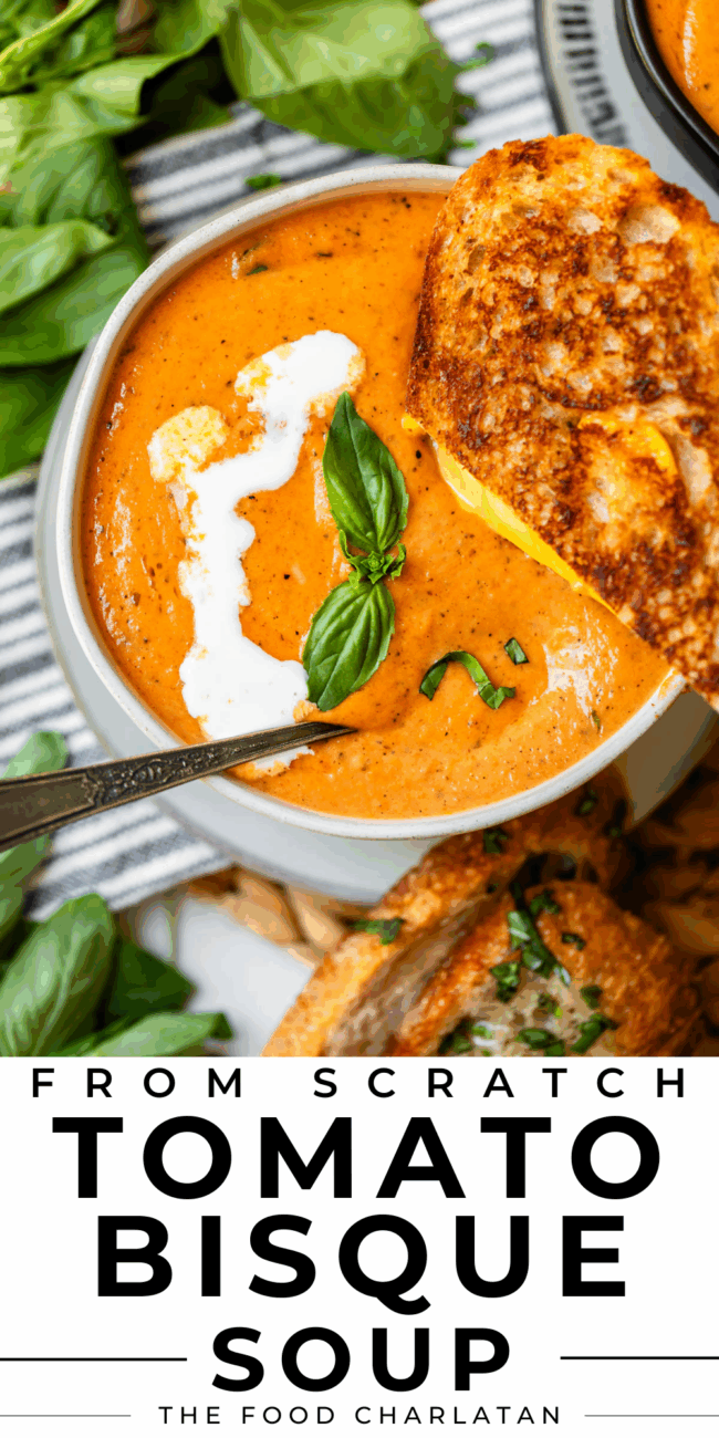 pinterest image of tomato soup with text "from scratch tomato bisque soup".