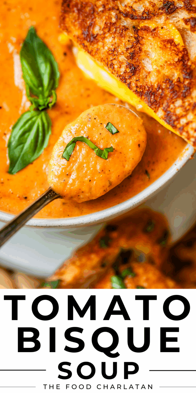 pinterest image of tomato soup with text "tomato bisque soup".