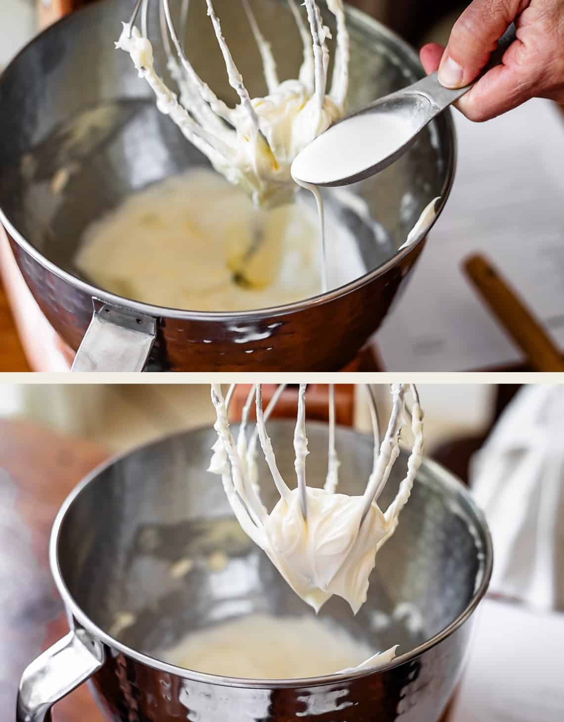 top: adding cream into mixing bowl, bottom: cream mixed into butter.
