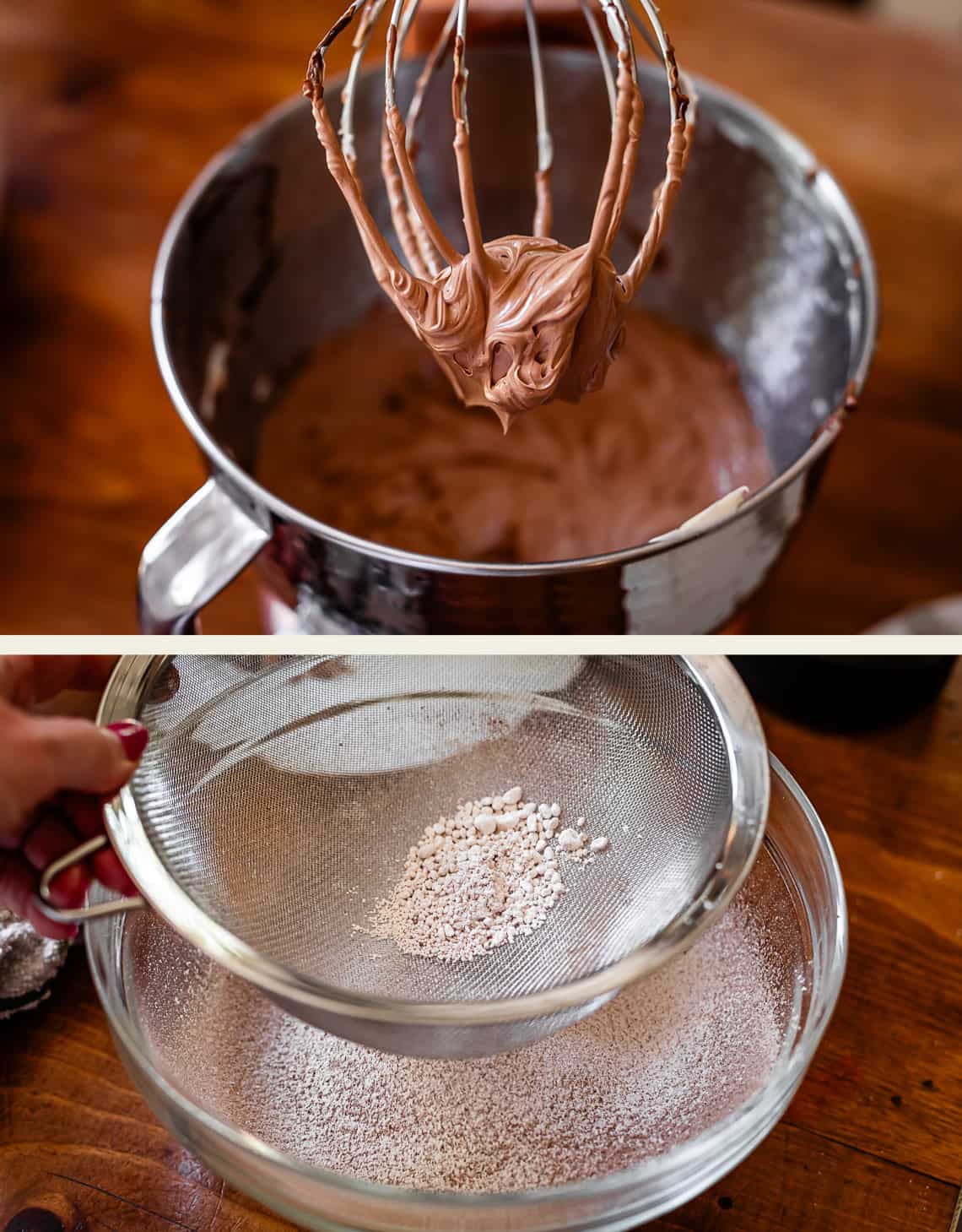 top: chocolate butter mixture all mixed together, bottom: sifting powdered sugar and cocoa together.