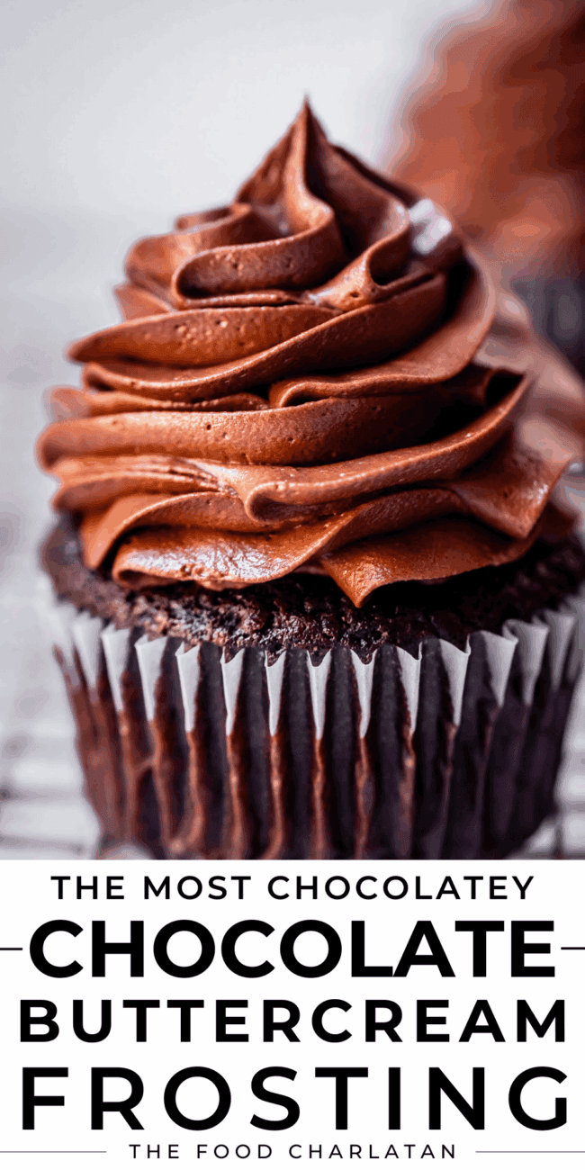 pinterest image of frosting with text "the most chocolatey chocolate butter cream frosting".