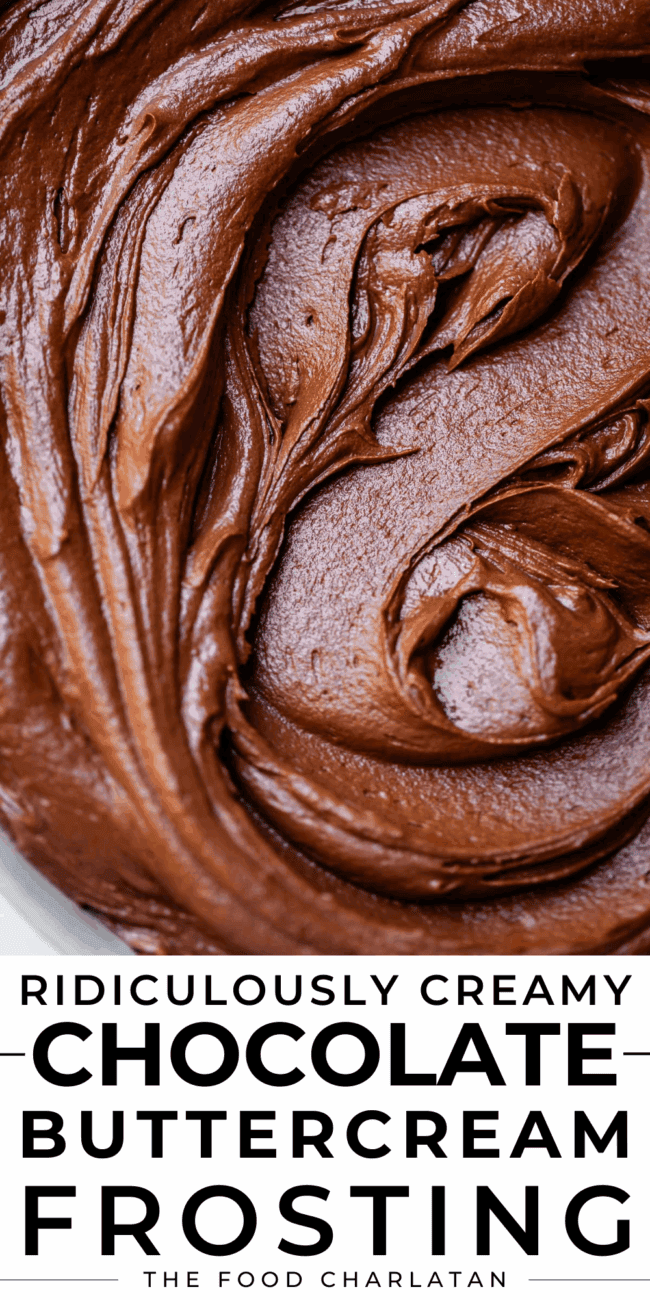 pinterest image of frosting with text "ridiculously chocolate butter cream frosting".