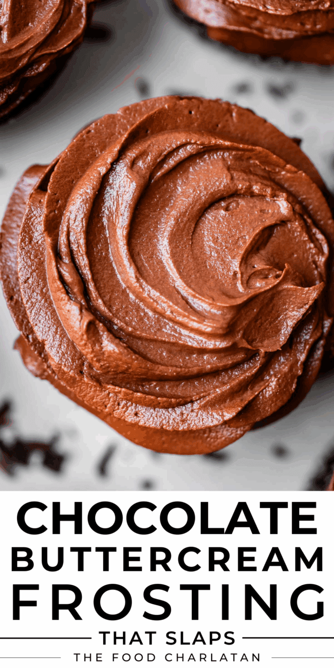 pinterest image of frosting with text "chocolate butter cream frosting that slaps".