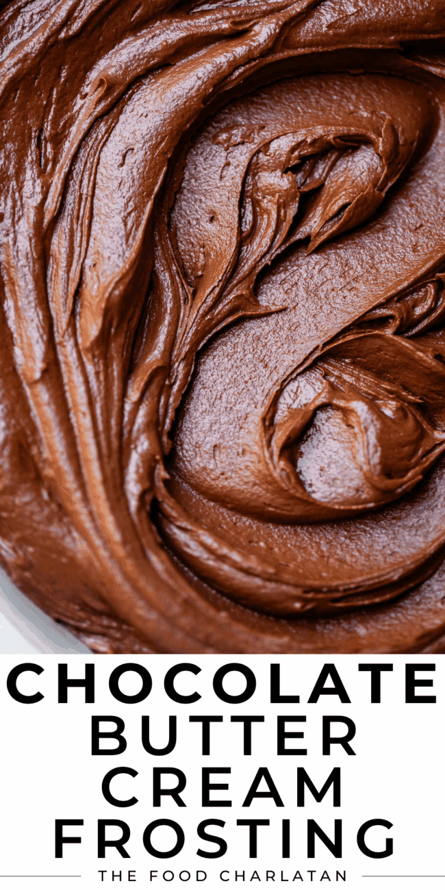 pinterest image of frosting with text "chocolate butter cream frosting".