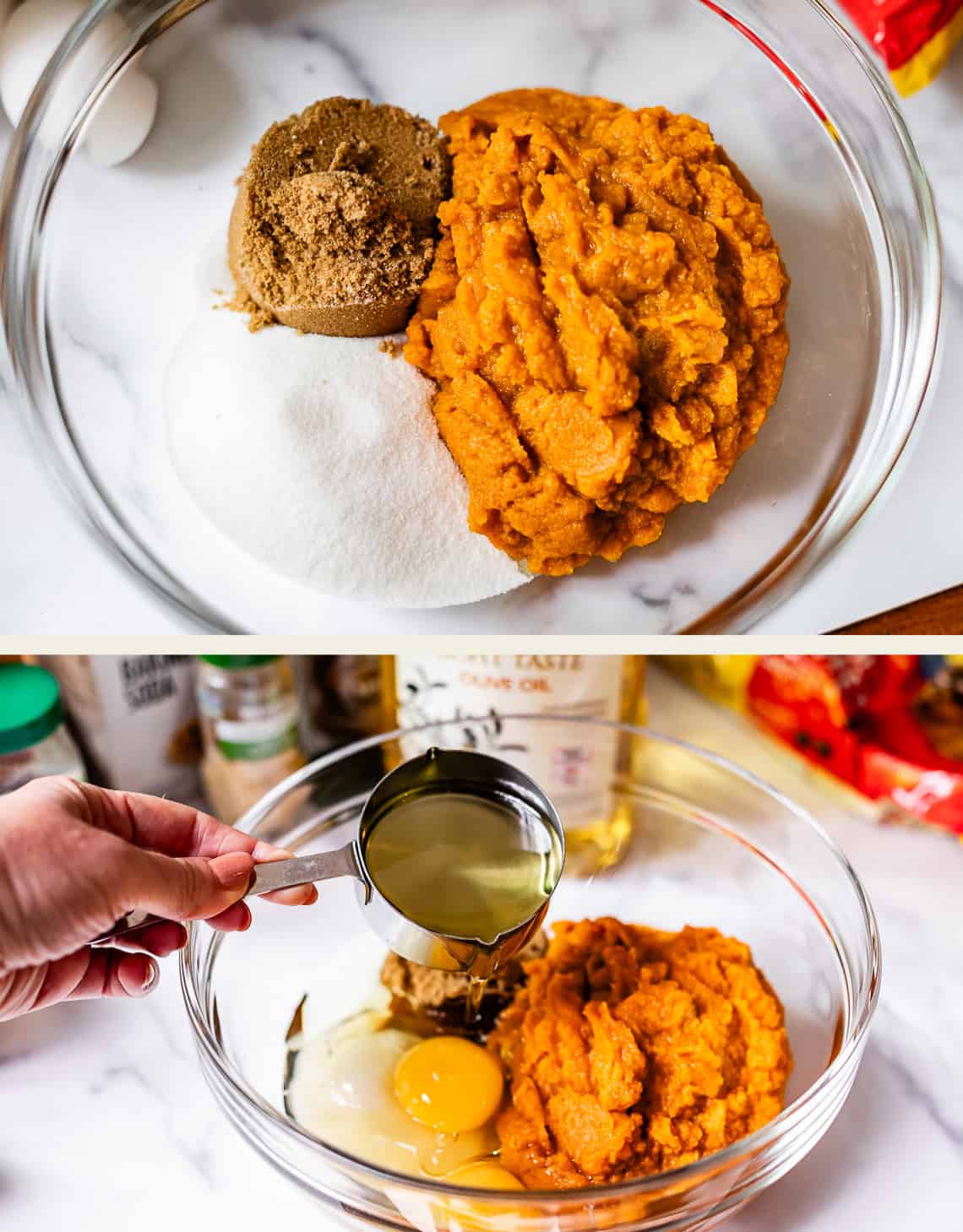top: pumpkin and sugars in glass bowl, bottom: adding oil to bowl.