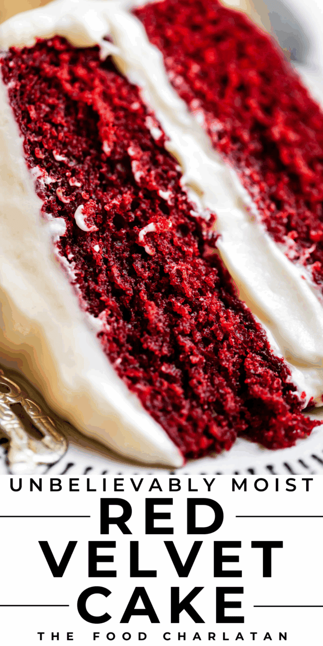 pinterest image of lit candle in cake with text "unbelievably moist red velvet cake".