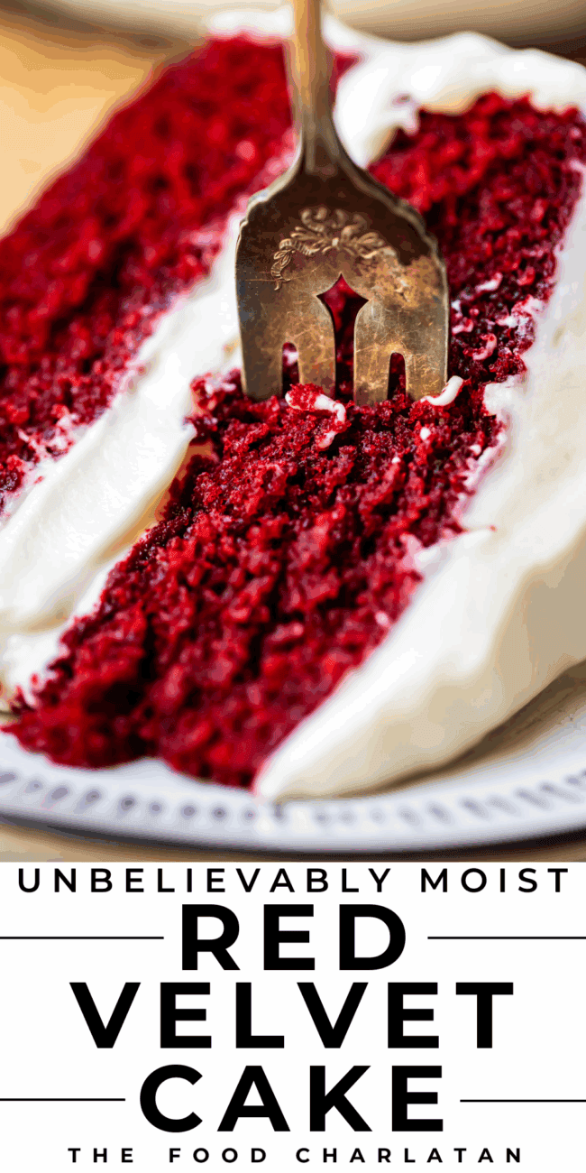 pinterest image of lit candle in cake with text "unbelievably moist red velvet cake".