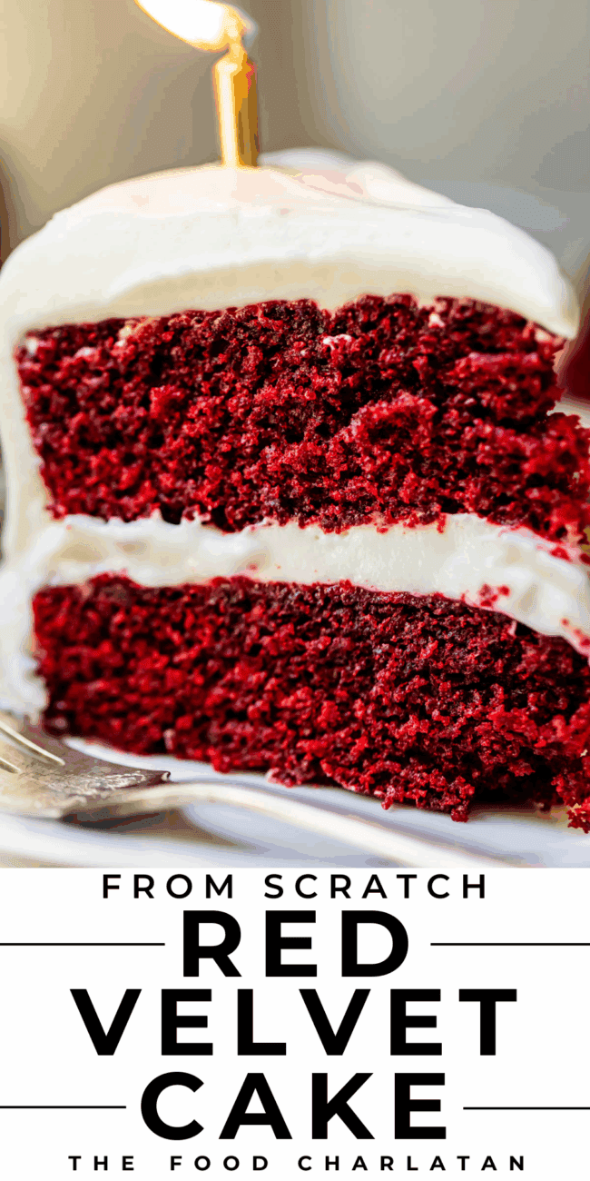 pinterest image of lit candle in cake with text "from scratch red velvet cake".