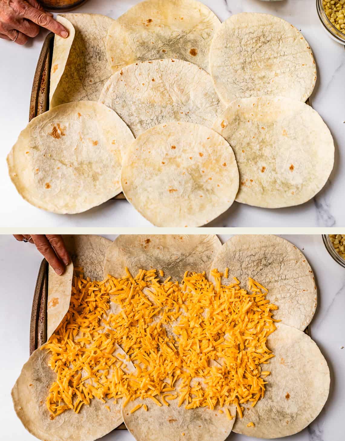 Two images: The top shows a baking dish lined with overlapping flour tortillas. The bottom shows the same dish, now with a layer of shredded cheddar cheese covering the tortillas. A hand folds a tortilla edge over the cheese.