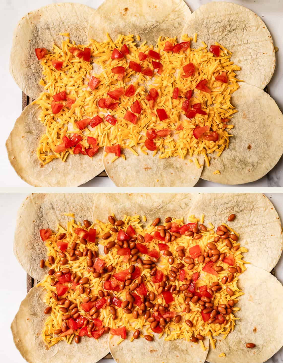 Two images show a baking dish lined with overlapping tortillas. The top image has shredded cheese and diced tomatoes on the tortillas; the bottom image adds pinto beans on top of the cheese and tomatoes.