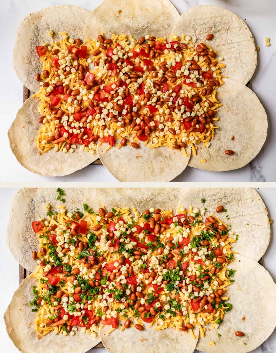 Two images of overlapping flour tortillas on a baking sheet, filled with shredded cheese, beans, corn, and diced tomatoes; the second image adds chopped cilantro and jalapeños on top.