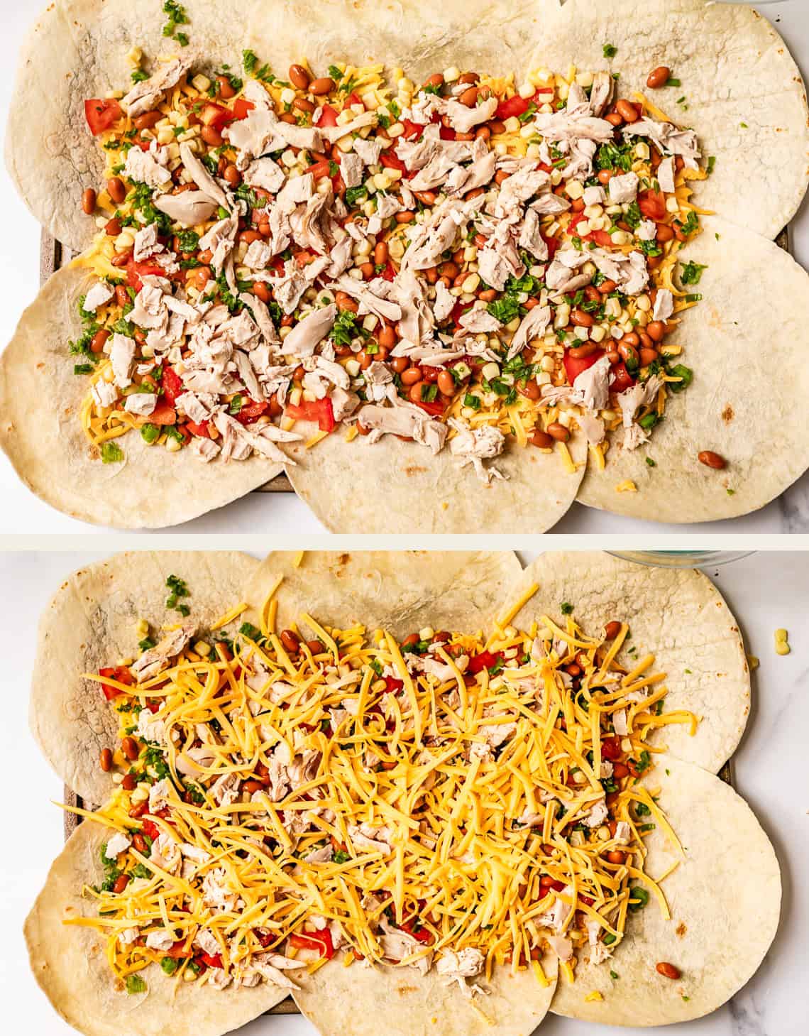 Two images show a baking dish lined with overlapping tortillas, topped with shredded chicken, beans, corn, and diced veggies. The second image adds a generous layer of shredded cheddar cheese on top.