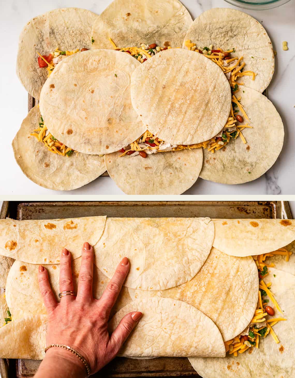 Two photos show a tortilla wrap bake in progress: overlapping tortillas cover a filling on a baking sheet, with a hand folding the edges to enclose the filling before baking.
