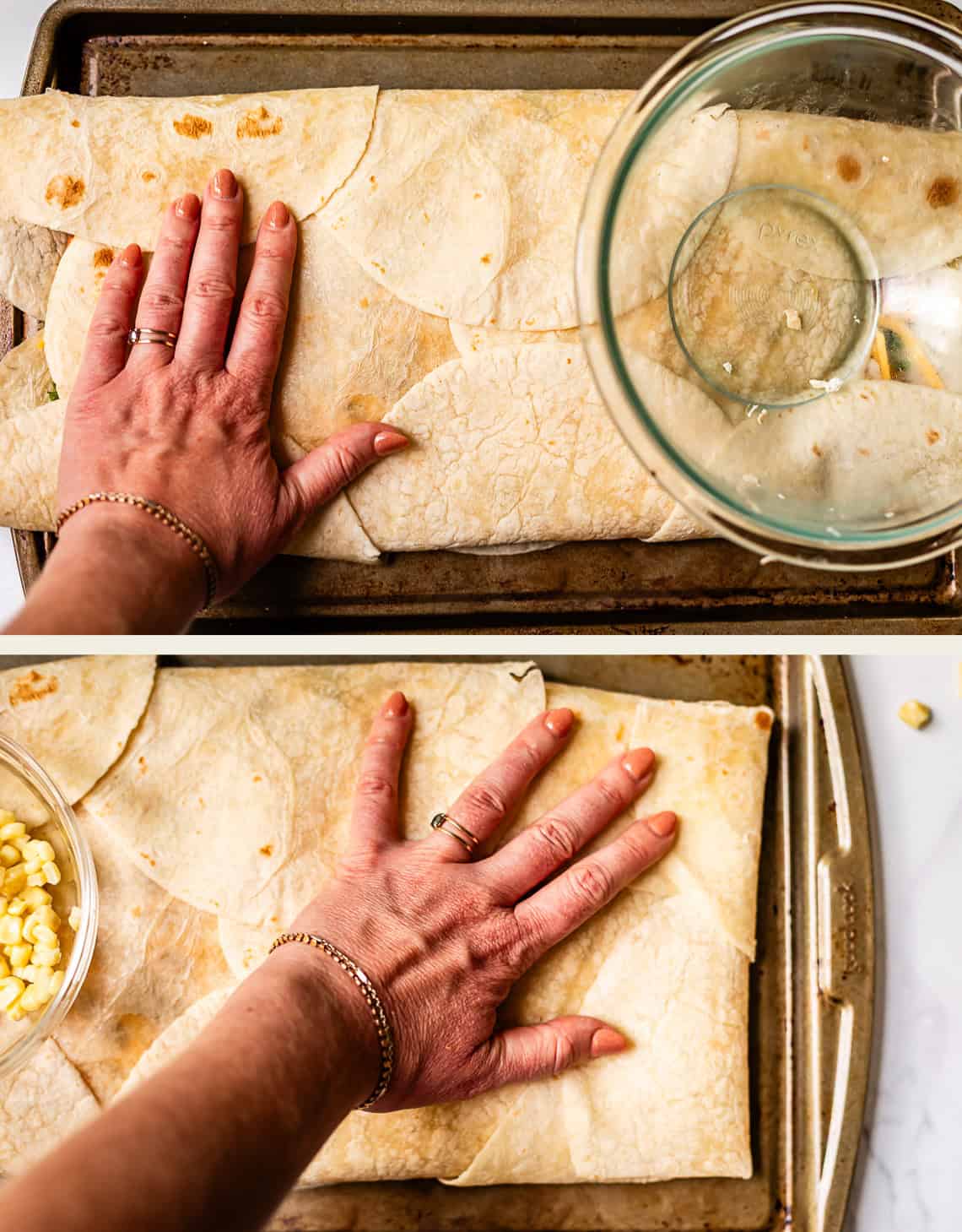 Two images show a hand pressing down on a large rectangle of layered tortillas on a baking sheet, with a glass bowl and some corn visible nearby on a white surface.
