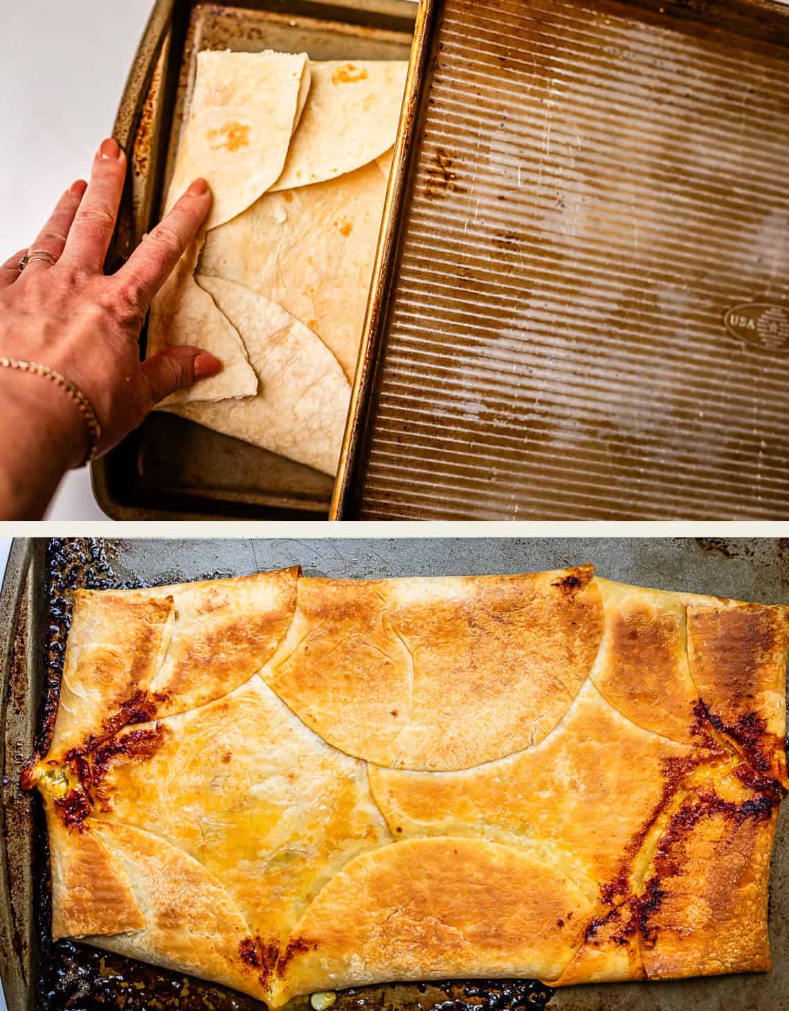 Top: A hand presses tortilla pieces onto a baking sheet, covering it. Bottom: Baked, golden brown tortillas form a solid crust on the pan, with melted cheese and browned spots visible.