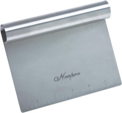 A stainless steel pastry scraper.