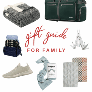 A collage of gift items including a green duffel bag, knit blanket, multi-tool, patterned hand towels, sneakers, a travel toiletry bag, and a neck wrap, with gift guide for family and the Food Charlatan text.