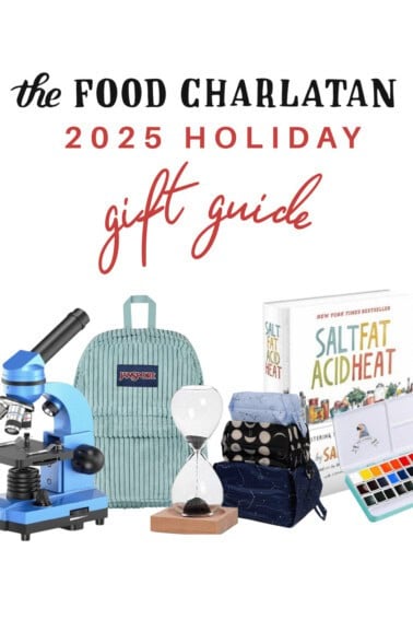 A 2025 holiday gift guide featuring a microscope, striped backpack, hourglass, lunch bag, Salt Fat Acid Heat cookbook, and a watercolor paint set. Text reads: The Food Charlatan 2025 Holiday Gift Guide.