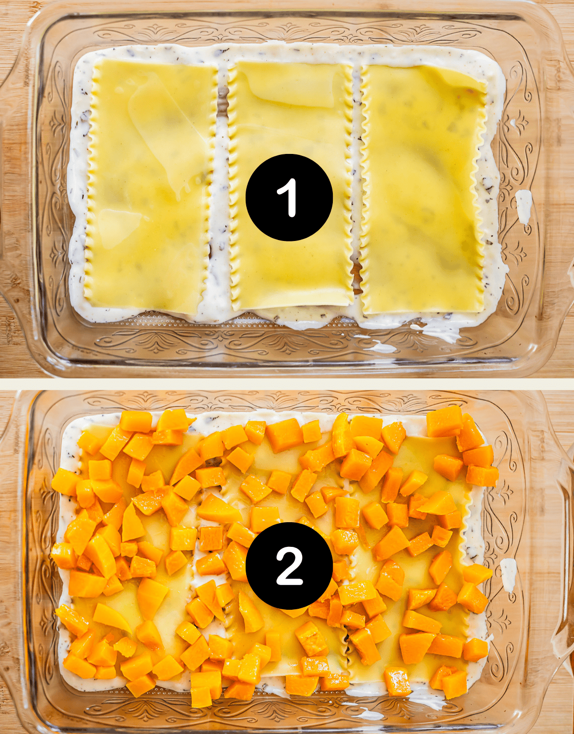 Two-step lasagna assembly: image 1 shows uncooked lasagna noodles covered with sauce in a glass dish; image 2 shows the noodles topped with a layer of cubed butternut squash.